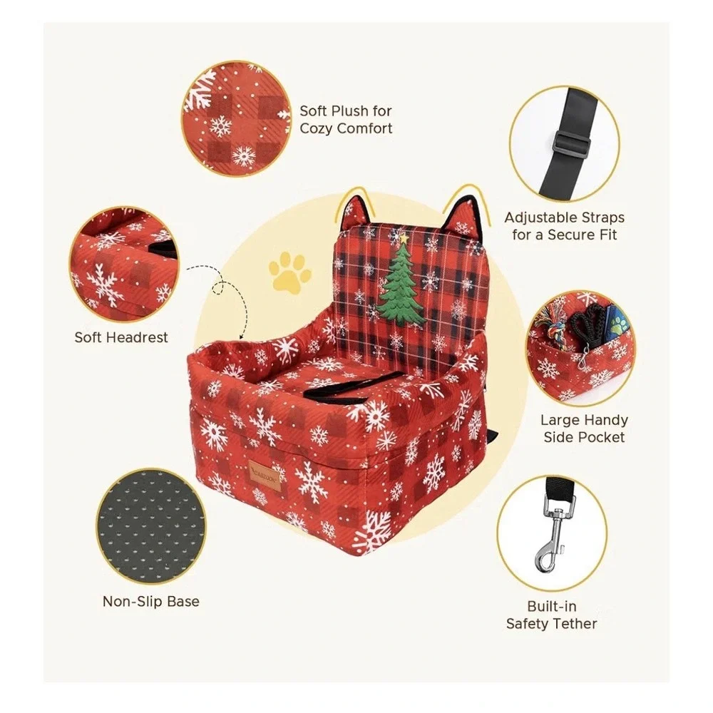 CABZOON Dog Booster Car Seat, Small, Up to 35 lbs, Red Plaid Snowflake[CLT]